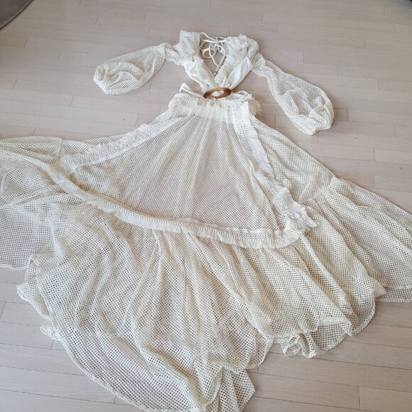 PatBO ! Netted Long Sleeve Fringe Beach Dress in Ivory ( Small ) - Picture 10 of 14